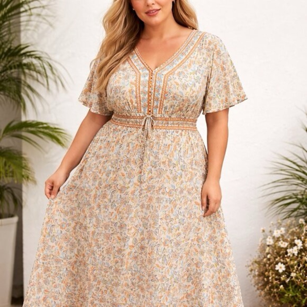 NEW LEA Bohemian Maxi Prairie Dress 2X Cotton Floral Stretch Waist Cottagecore